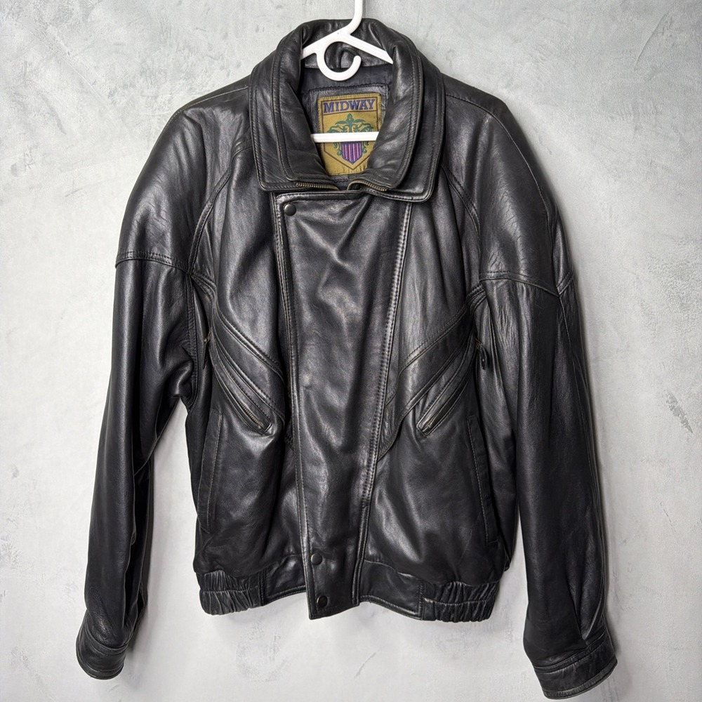Midway Team USA Mens Black Genuine Leather Motorcycle Bomber Jacket Vintage XL